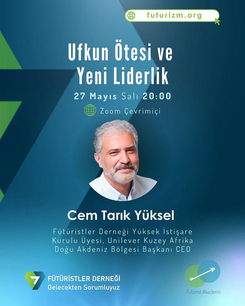 🌍 Yeni çağın liderliği burada!
🎙️ Cem Tarık Yüksel ile
📅 27 Mayıs | 🕗 20:00 | 💻 Zoom

🔍 Gelecek odaklı karar alma
🔍 Dönüşüme öncülük etme

📲 Kayıt: futurism.org
#ufkunötesi #yeniliderlik #cemtarikyüksel #fütüristlerderneği #ilhamverengelecek