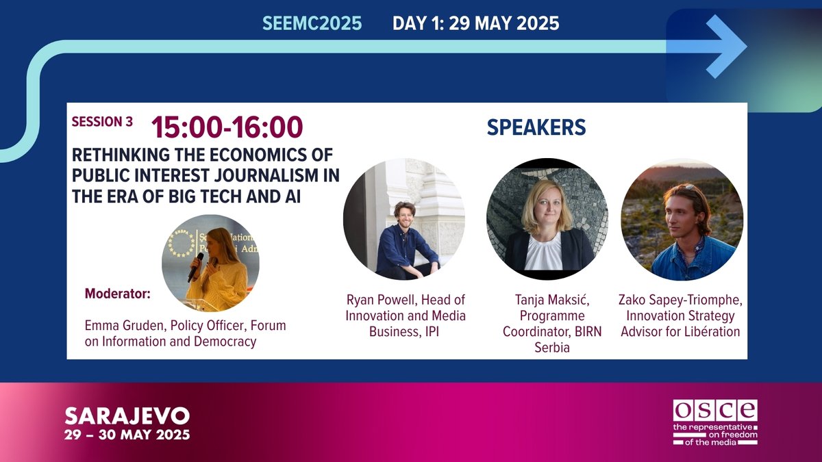 Presenting Plenary 3⃣ of the South East Europe Media Conference in #Sarajevo 🇧🇦.
"Rethinking the economics of public interest journalism in the era of Big Tech and AI "
📅 29 May
⏲️15:00
💻 Livestream link and full agenda👇
osce.org/representative…

#SEEMC2025
