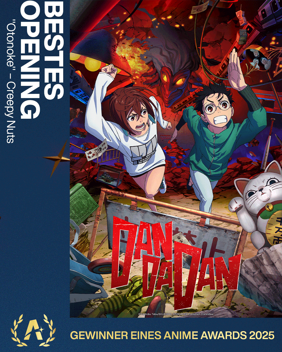 Crunchyroll_de's tweet photo. Das Opening von DAN DA DAN war der reinste Ohrwurm.. 

Otonoke von Creepy Nuts gewinnt in der Kategorie Bestes Opening! #AnimeAwards https://t.co/kInBn7vr76