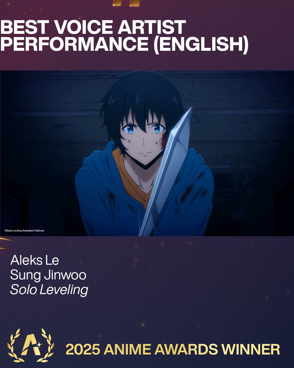 SoloLevelUpdate's tweet photo. Congratulations to Aleks Le, English voice artist of Sung Jinwoo, on winning 'Best Voice Artist Performance (English)' at the 2025 #AnimeAwards! https://t.co/qn7cgl9qbi