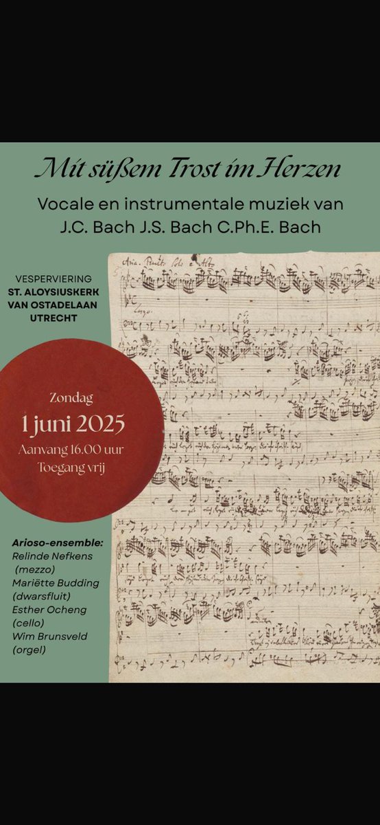 Drie generaties Bach op 1 juni  in de Aloysiuskerk! 'Mit sübem Trost im Herzen' heet het concert dat deels wordt uitgevoerd door wijkgenoten.

Deze Muzikale Thema Vesper begint om 16.00 uur.

Het concert is gratis.

Meer informatie: katholiekutrecht.nl/activiteit/muz…