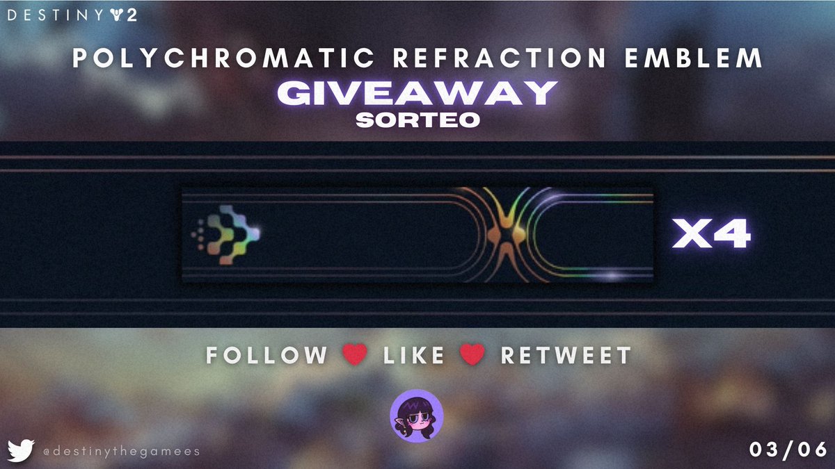 tsubanechan's tweet image. 💗 Polychromatic Refraction Emblem
🎊 GIVEAWAY / SORTEO

✦ Follow @tsubanechan &amp;amp; @destinygamees
✦ Like &amp;amp; Retweet

¡Good luck everyone, mucha suerte a todos! 🥰