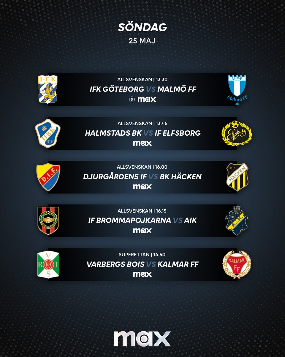 IFK Göteborg 🆚 Malmö FF
———
Idag 13.30 på Kanal 5 och Max.

Studio tillsammans med Karin Frick, Alexander Axén och Pär Hansson
Kommentator: Niklas Jarelind
Expert: Anders Andersson
Reporter: Jonas Dahlquist

📲 Se alla matcher från Allsvenskan och Superettan på Max.