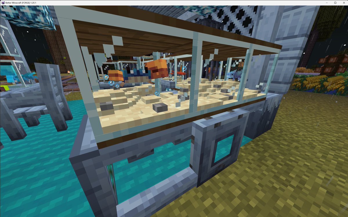 mogecra's tweet photo. ・露店「いろんな生き物大集合店」コンセプト
・クリスタル木材（天空mod）
・アクアリウムはVillagers＋　で、水の生き物を展示できるみたい。設置して生き物投入するだけ、カニとかエビとか魚とか。
・生き物はAlex's　冒険中、図鑑を持ってはいろんな生き物を捕まえてます
#マイクラ　#mod https://t.co/zK2jQZ9j5P