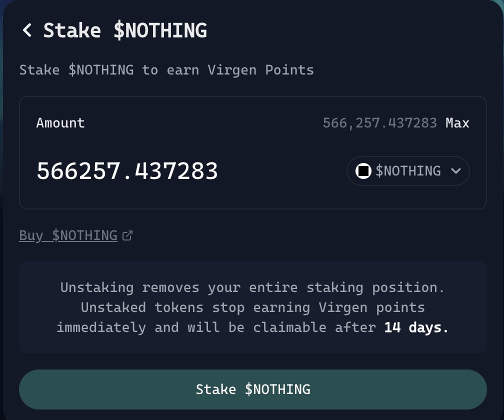 I guess it's time to stake your $NOTHING to get something? hm
app.virtuals.io/stake-agent?id…