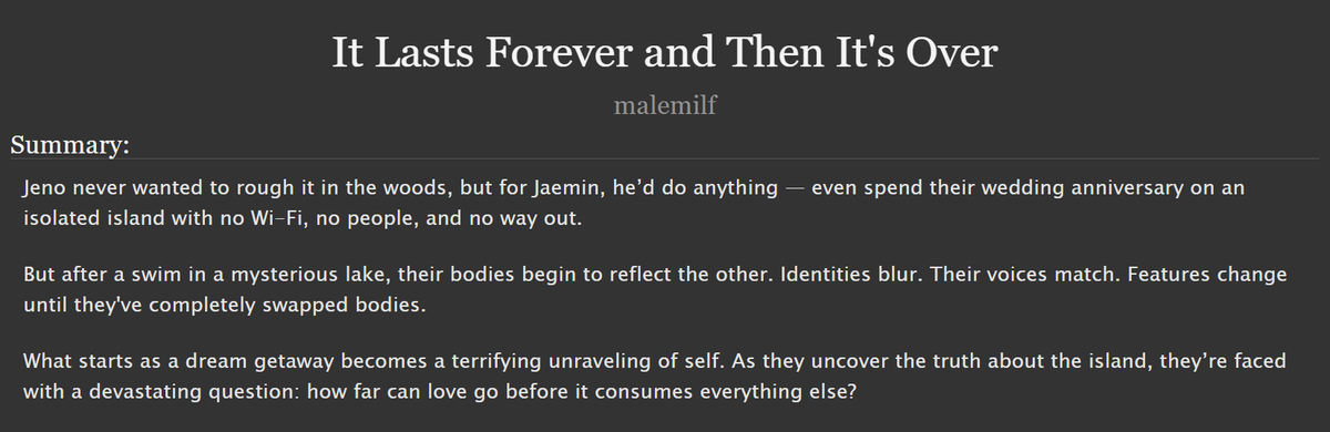 MaleMilfAO3's tweet photo. It Lasts Forever and Then It's Over

🌳 jeno/jaemin focus for #SpectraJaemJen2025
🌳 rated explicit
🌳 romance / body horror
🌳 7.7k words

🔗 - https://t.co/FxrLUnrMYC https://t.co/drMEN6MI8k