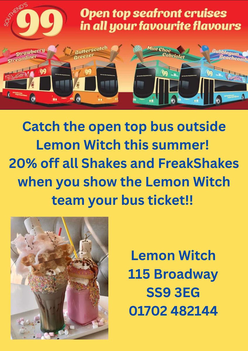 ☀️ As it’s a BH weekend and half term, our🍦 route 99 (#LeighOnSea - #Southend - #Shoeburyness) open top buses are cruising along the seafront all week!  Come and join us! 👬👫 🐶 

🕒 Running every 60 minutes each day

ℹ️ southends99.co.uk

AND there’s also a great offer👇