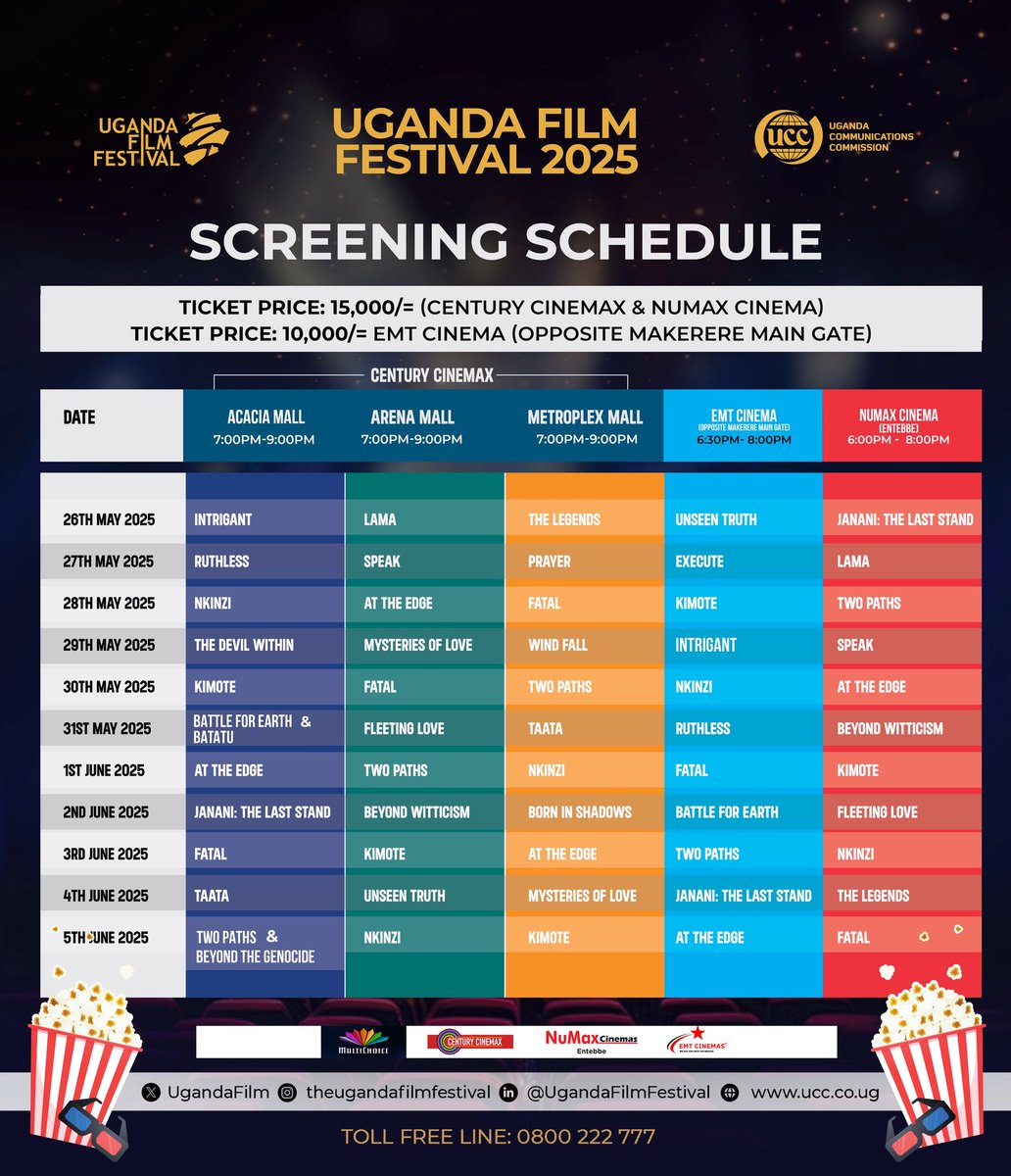 The wait is over! Starting tomorrow, enjoy these highly anticipated Ugandan films on big screens!🥳

5 Venues – 5 Films
📍Acacia: Intrigrant
📍Arena: Lama
📍Metroplex: The Legends
📍EMT: Unseen Truth
📍Numax: Janani: The Last Stand

🎟️ 
15K - Century &amp; Numax
10K - EMT
#UFF2025