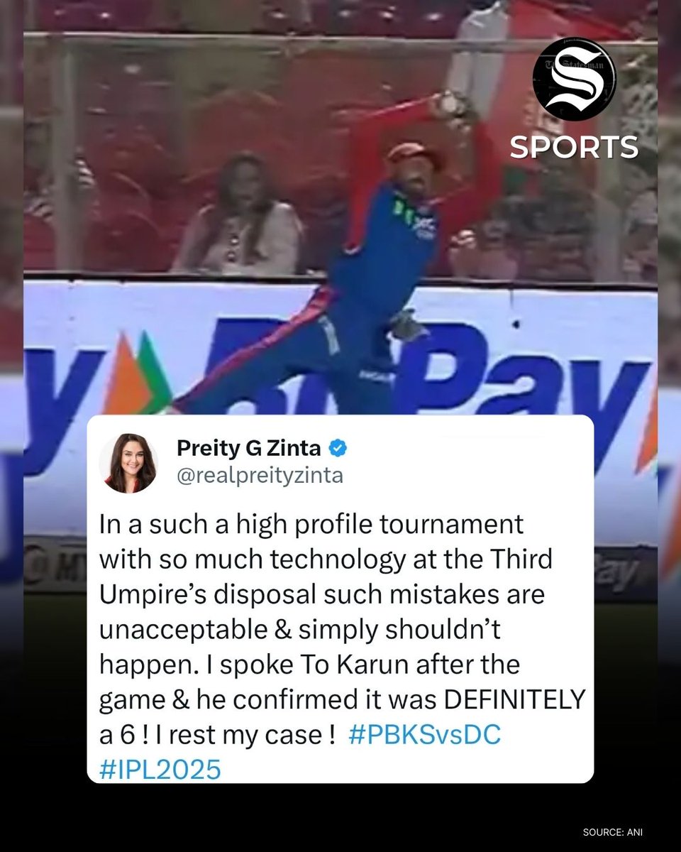 PBKS co-owner and actress #PreityZinta slammed the third umpire for denying #SashankSingh a six during the 14th over against #DelhiCapitals. In a fan interaction, she criticized the controversial call, expressing her frustration on social media.

#PBKSvsDC #IPL2025 #TheStatesman