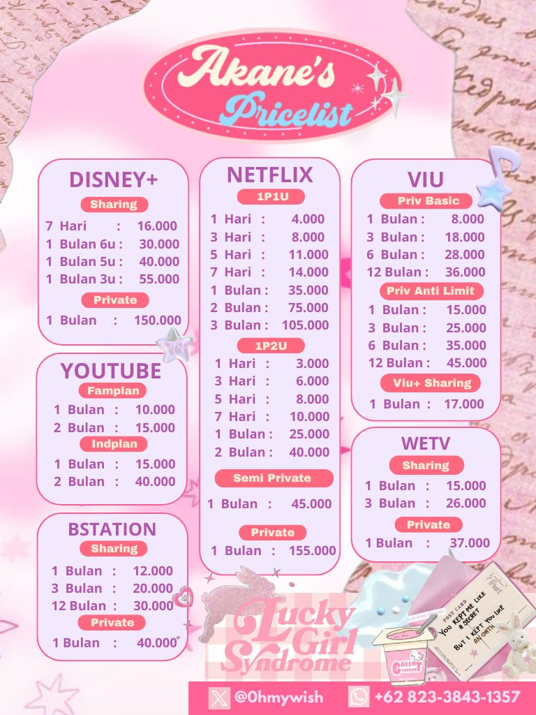 annyeong yeorobun👋 akane ready wts apps premium murah bergaransi loh.. ada disney+ netflix viu youtube wetv bstation 🍀🐈

order ke - wa.me/6282338431357
testimonials - tiny.cc/akaneproofs
#zonauang satu