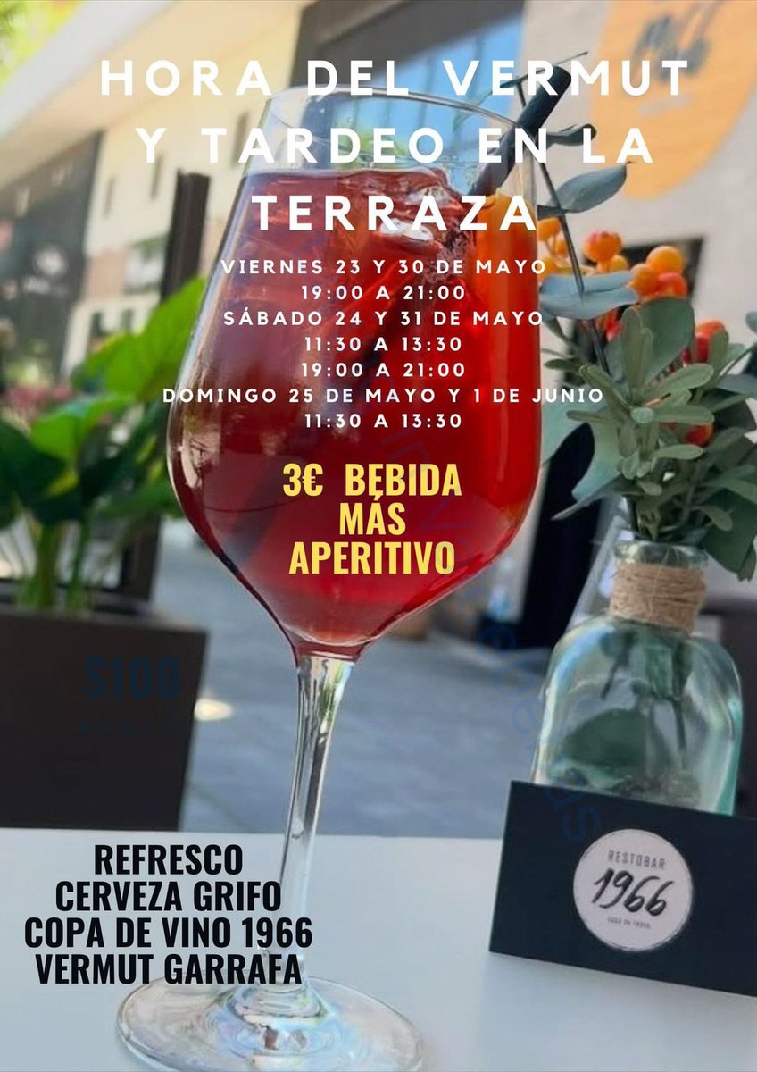 ¿Conocéis la hora Vermut/tardeo de la terraza <a href="/RestoBar1966/">RestoBar1966</a>? 

Hoy domingo 25 de mayo de 11:30 a 13:30 3️⃣ € bebida (refresco, cerveza grifo, copa vino 1966 o vermut garrafa)➕ aperitivo.ñ Decidles que vais de nuestra parte y aproved este precio
#promocionesvdbb #actividadesvdbb