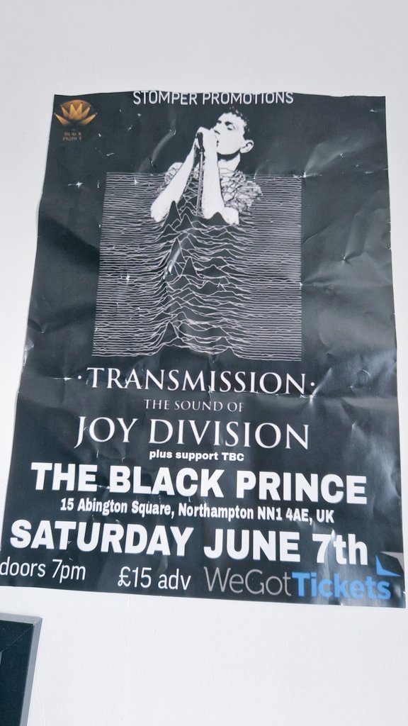 KatiesDisorder's tweet photo. We ended up having a pint 🍺 in my favourite pub in #Northampton #TheBlackPrince, and I couldn't resist taking one of the posters 😆 (many posters). I am looking forward to seeing #Transmission in a few weeks. #joyDivision tribute 🖤 https://t.co/HqolNMaQht