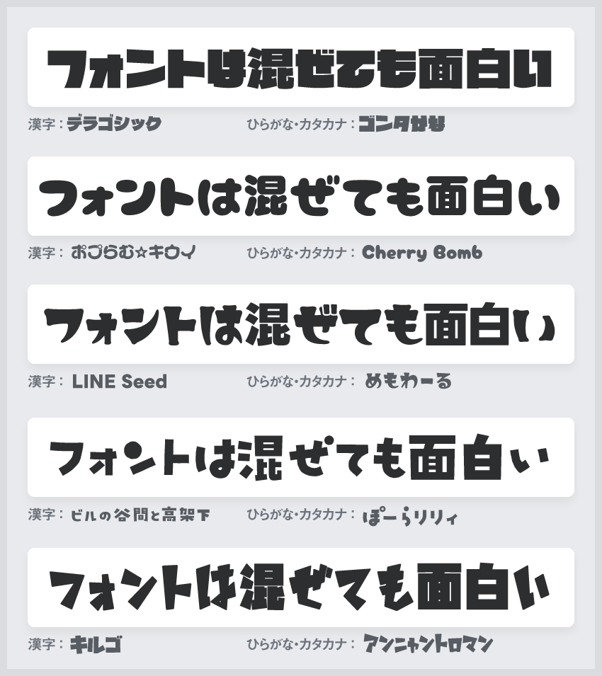 goodfreefonts's tweet photo. 漢字収録のないフォントは、混ぜて使っても面白いです。フリーフォントを使った混植アイディア！ https://t.co/CXY3Q1KHch