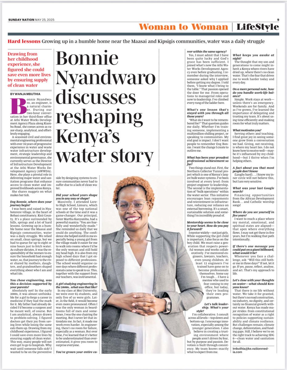 AthiWaterWorks's tweet image. Dive into the inspiring journey of Eng. Bonnie Nyandwaro Dir. Infrastructure Development @AthiWaterWorks, as she shares how she’s helping reshape Kenya’s water story in today’s Sunday Nation.