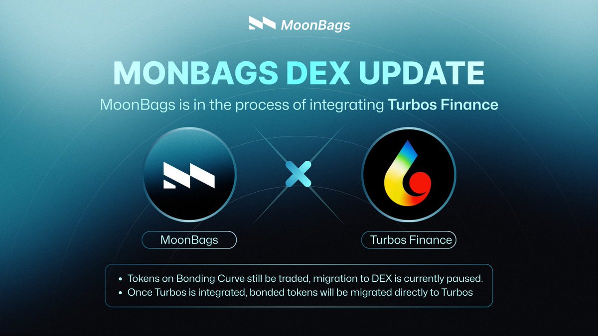 moonbags.io (@moonbags_io) on Twitter photo MoonBags DEX Update
MoonBags is in the process of integrating <a href="/Turbos_finance/">Turbos Finance</a> as our new DEX. The integration is expected to be completed within 1–2 days:
- Existing tokens on the bonding curve can still be traded as usual, but migration to DEX is currently paused.
- Once MoonBags DEX Update
MoonBags is in the process of integrating <a href="/Turbos_finance/">Turbos Finance</a> as our new DEX. The integration is expected to be completed within 1–2 days:
- Existing tokens on the bonding curve can still be traded as usual, but migration to DEX is currently paused.
- Once