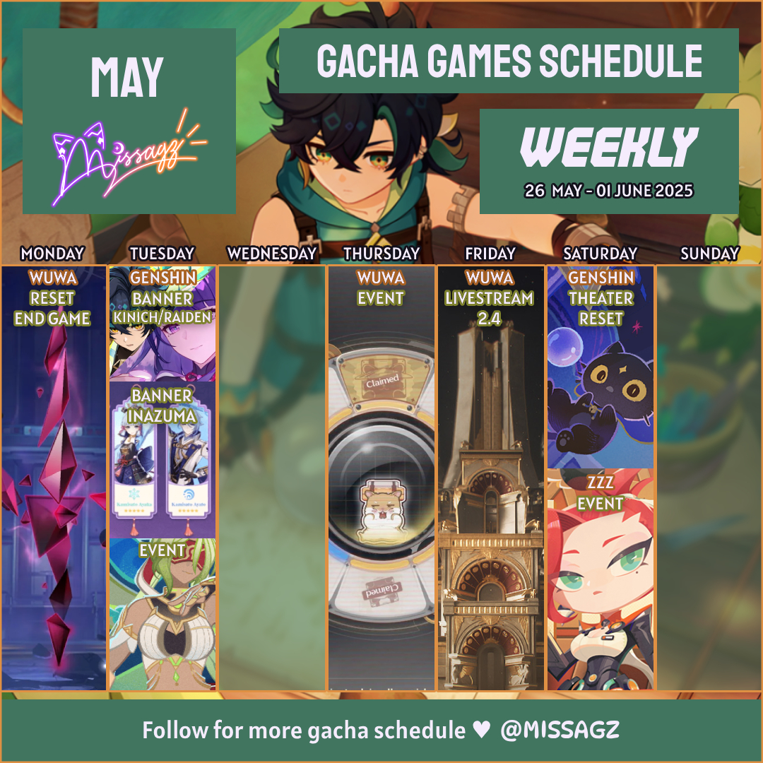 [22th week] Order meets survival - Raiden enforces eternity, Kinich rises from ruin. Teyvat bows to strength this week. ⚡🌿Ft Inazuma Banner 
Gl for your wishes♥
#Kinich #Raiden #GenshinImpact #HonkaiStarRail #WutheringWaves #ZenlessZoneZero #gacha #news #gachaplanner #SCHEDULE