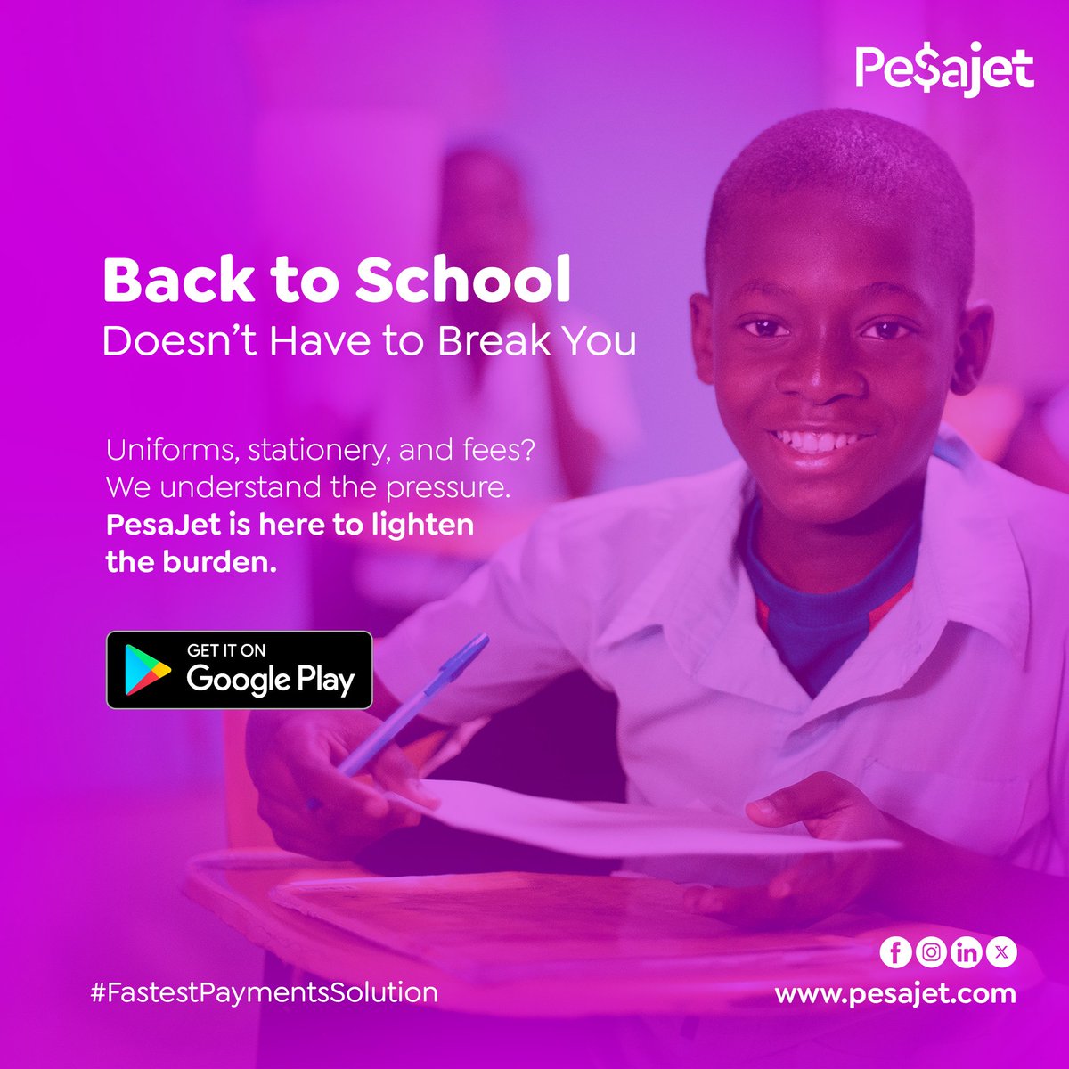 pesajet's tweet photo. 📚 Back to school doesn’t have to break you.
Uniforms, stationery, and fees? We’ve got you.

💡 PesaJet is here to lighten the burden.
📲 Get it now on Google Play.
https://t.co/WMLvhBrYB9

#BackToSchoolUG #PesaJet #SmartParenting #FastestPaymentsSolution #SchoolFeesSupport https://t.co/SSrCN72bj3