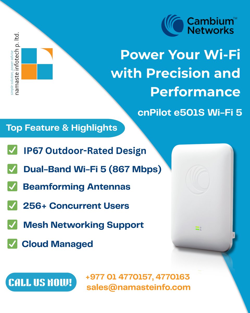 LtdNamaste's tweet image. The Cambium cnPilot E501S is an enterprise-grade outdoor access point designed for seamless Wi-Fi coverage in high-density environments. 

To know more:
store.namasteinfo.com/product/cambiu…

#wifi #wificonnection #wifiaccesspoint #wifisolutions #accesspoint #CambiumNetworks #Cambium #wireless