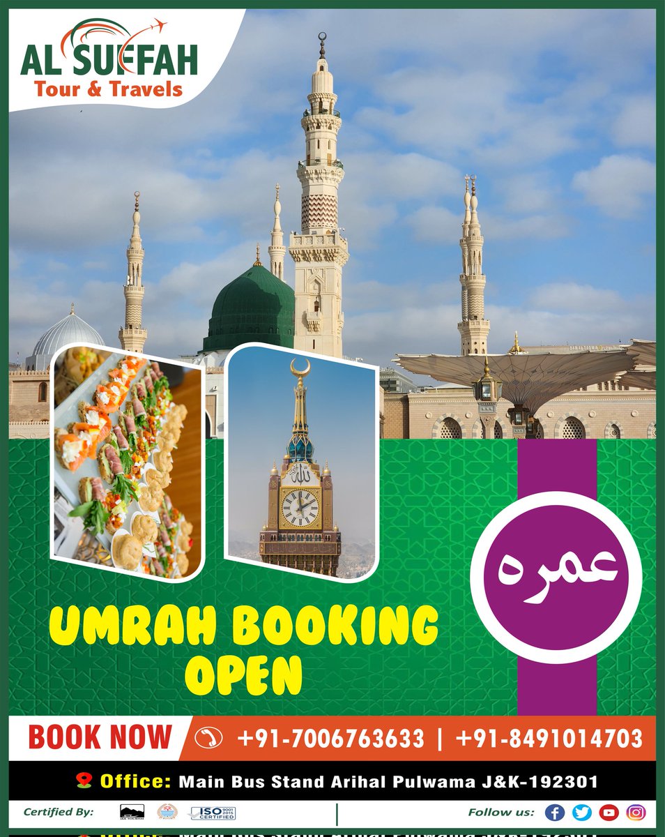 AlSuffahTravels's tweet photo. Umrah Booking Open
Book Your Seat with #Al_Suffah_Tour_Travels

Call us at 7006763633 , 8491014703

Visit our Office:
Main Bus Stand Arihal Pulwama

Al Suffah Hajj &amp; Umrah Services
#Umrah #UmrahPilgrimage #Makkah #Madinah #HajjAndUmrah #IslamicPilgrimage https://t.co/3Wc6qT4sWL