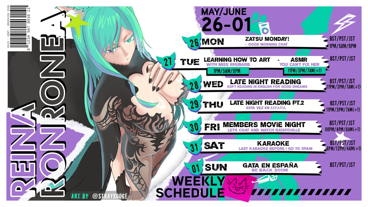 ReinaRonronea's tweet photo. 🗓️SCHEDULE! May/June 26th - 01st

Week of soft and relaxing streams cos I can't stream most days till late. 

On Sunday I will be travelling to Spain as I have to sort some stuff in the motherland 🇪🇸

🐈‍⬛#ReinaRonronea
🎞️#Ronroclips 
🎨#RonroneArt 
🔞#Yabeina 
Maros: https://t.co/JRKvnrCh0X