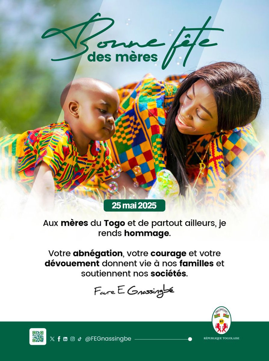 Aux mères du #Togo et de partout ailleurs, je rends hommage. 

Votre abnégation, votre courage et votre dévouement donnent vie à nos familles et soutiennent nos sociétés.

Bonne fête des mères !

FEG

#fetesdesmeres
#MothersDay