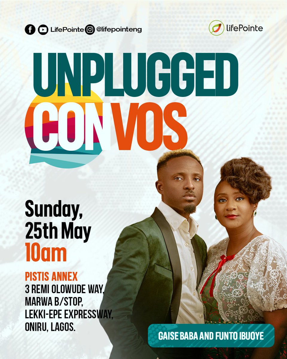 LifePointeNG's tweet photo. We’re excited for today’s Unplugged Conversations with two phenomenal voices: Gaise Baba @gaisebaba and Funto Ibuoye @funtoibuoye!
You can join in online here: https://t.co/6BliUyT1iU
Let’s talk. Let’s grow. Let’s unplug!
#UnpluggedConvos
#LifePointeNG https://t.co/TRP3AMQKkW