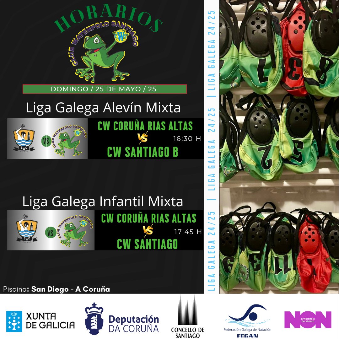 HOXE XOGAMOS NA LIGA GALEGA!

O CW SANTIAGO participa esta tarde en dous encontros  da Liga Galega Mixta 💪🐸

🕟 16:30 h – Alevín  Mixta
CW Coruña Rías Altas 🆚 CW Santiago B
🕔 17:45 h – Infantil Mixta
CW Coruña Rías Altas 🆚 CW Santiago

Piscina: San Diego- A CORUÑA