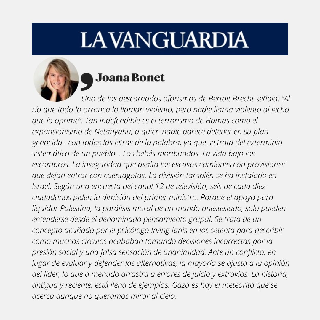 Joana Bonet (@bonetjoana) on Twitter photo "El pensamiento grupal", mi artículo de esta semana, sobre el genocidio en Gaza, publicado ayer en <a href="/LaVanguardia/">La Vanguardia</a>: lavanguardia.com/opinion/202505… "El pensamiento grupal", mi artículo de esta semana, sobre el genocidio en Gaza, publicado ayer en <a href="/LaVanguardia/">La Vanguardia</a>: lavanguardia.com/opinion/202505…
