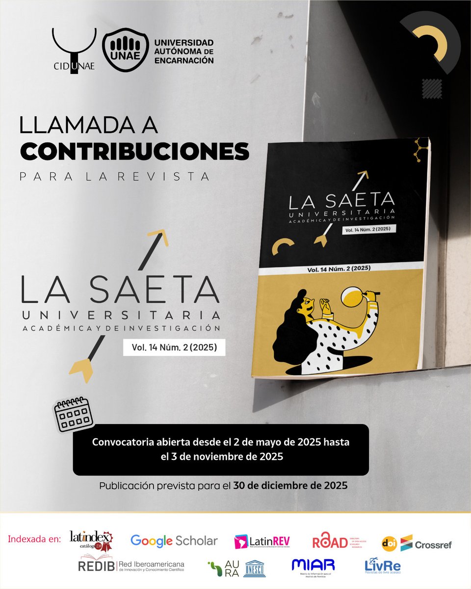 🔎 Para presentar tu artículo completo, visitá el siguiente enlace: info.unae.edu.py/saeta-25-2

#RevistaCientífica
#ConvocatoriaAbierta
<a href="/UNAE_Enc/">UNAE</a>