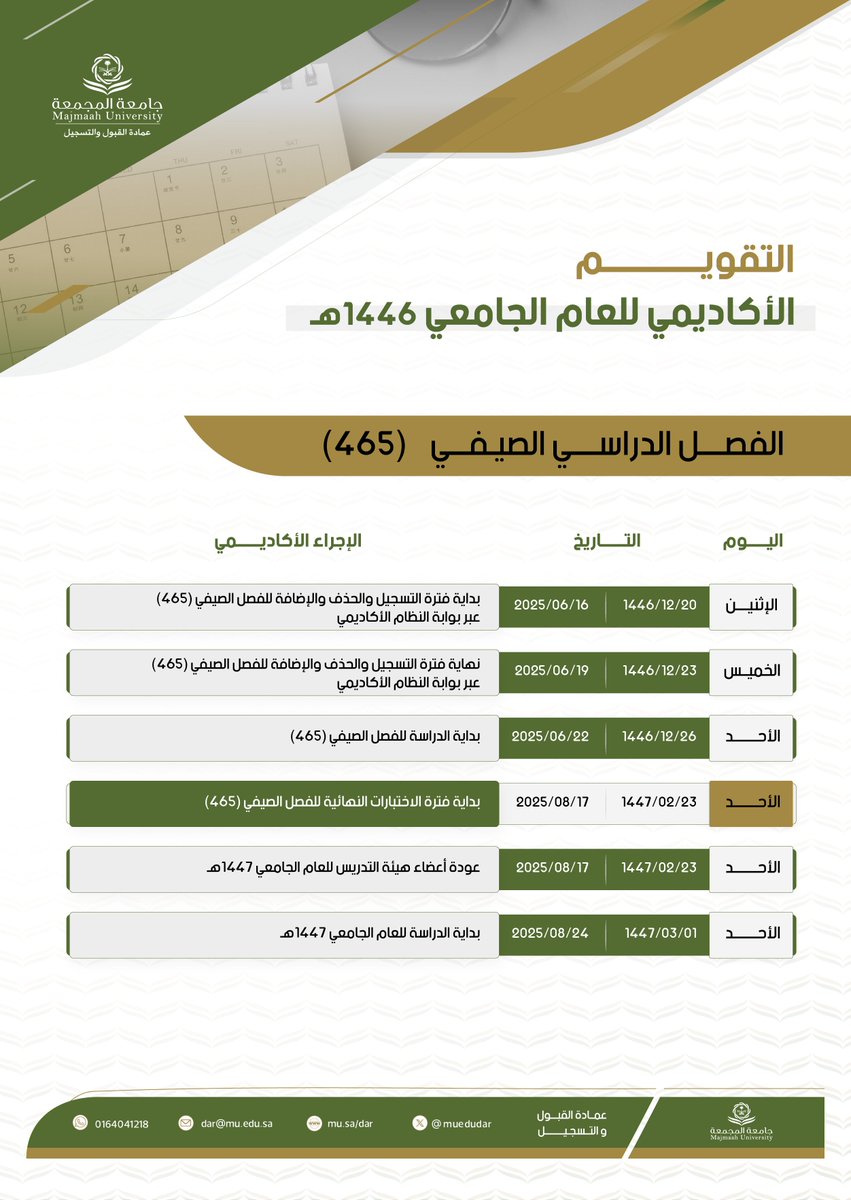 📚 ⁧#إعلان⁩|
 تعلن ⁧#عمادة_القبول_والتسجيل⁩ عن تقويم الفصل الدراسي الصيفي (465) 1446هـ.
⁧#جامعة_المجمعة
حسب الموضح في المرفق