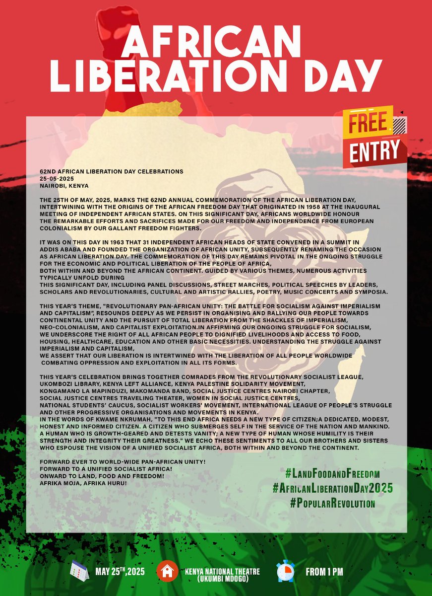 Tuko live from Kenya National Theatre (Ukumbi Mdogo) Nairobi, Kenya for 62nd African Liberation Day Celebrations.

Make sure to join us!! 

#LandFoodandFreedom #AfricanLiberationDay2025 #PopularRevolution