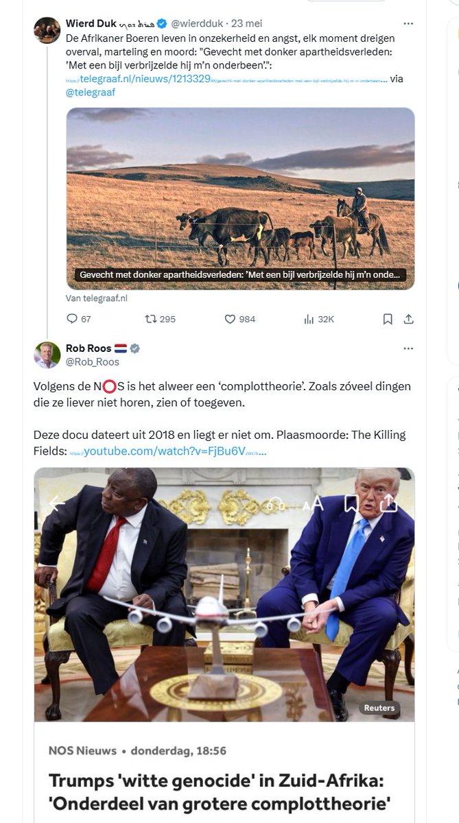 Van ~27.000 moorden (!) in Z-Afrika per jaar zijn ongeveer ~50 per jaar op mensen op boerderijen

Dus NIET "moorden op witte boeren", maar op zwarte EN witte mensen op boerderijen samen

Aantal moorden op witte boeren is momenteel ~9x lager dan op zwarte boeren

cc: alle wappies