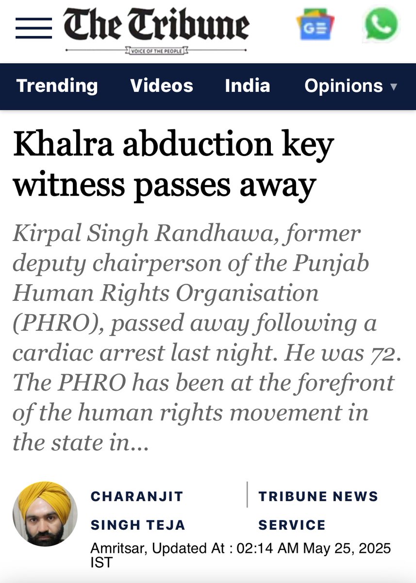 ⭐️⭐️⭐️⭐️⭐️Saka Nakodar:4Feb86 ਸਾਕਾ ਨਕੋਦਰ:੪ਫ਼ਰਵਰੀ੮੬ (@sakanakodar) on Twitter photo Bhai Jaswant Singh ji Khalra abduction’s key witness passes away.
S. Kirpal Singh Randhawa, former deputy chairperson of the Punjab Human Rights Organisation passed away following a cardiac arrest last night.
<a href="/NavkiranKhalra/">Navkiran Kaur Khalra</a> <a href="/khalramission/">Khalra Mission Org</a> <a href="/KaurKhalra/">Paramjit Kaur Khalra</a>
tribuneindia.com/news/punjab/kh… Bhai Jaswant Singh ji Khalra abduction’s key witness passes away.
S. Kirpal Singh Randhawa, former deputy chairperson of the Punjab Human Rights Organisation passed away following a cardiac arrest last night.
<a href="/NavkiranKhalra/">Navkiran Kaur Khalra</a> <a href="/khalramission/">Khalra Mission Org</a> <a href="/KaurKhalra/">Paramjit Kaur Khalra</a>
tribuneindia.com/news/punjab/kh…