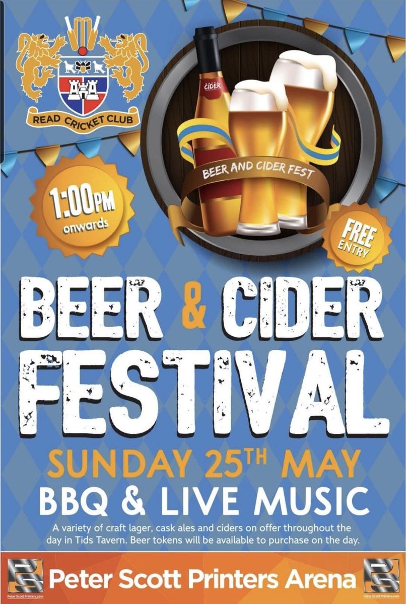 Peter Scott Printers (@psp_print) on Twitter photo There’s lots going on at <a href="/ReadCricketClub/">Read Cricket Club</a> today! 🏏
🍻 Beer & Cider Festival
⏰ Doors open at 1pm
🎟️ Free entry
🤩 Craft lagers, ciders & Cask Ales
🍔 BBQ
🎤 Live music from 9pm
🏏 Match starts at 1pm
Get down to the Peter Scott Printers Arena for a fantastic day! 🙌🏼 There’s lots going on at <a href="/ReadCricketClub/">Read Cricket Club</a> today! 🏏
🍻 Beer & Cider Festival
⏰ Doors open at 1pm
🎟️ Free entry
🤩 Craft lagers, ciders & Cask Ales
🍔 BBQ
🎤 Live music from 9pm
🏏 Match starts at 1pm
Get down to the Peter Scott Printers Arena for a fantastic day! 🙌🏼