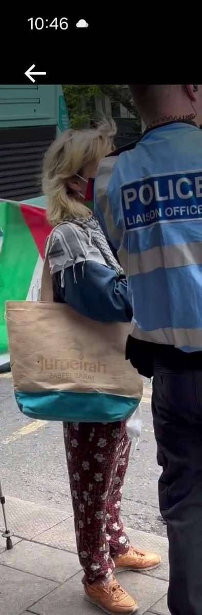When people tell you the Gaza protestors haven't got a clue, believe them ! This propal arrested on Saturday carrying the symbols of terrorist support,sporting her UAE bag. Ally of Israel, signatory of Abrahamic accords and has banned the keffiyeh and Gaza flag in places.