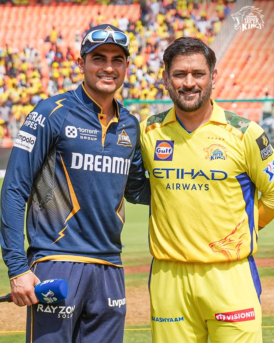 ChennaiIPL's tweet photo. The Future meets The Legacy!  
The Captains of India! 🥳🇮🇳

#GTvCSK #WhistlePodu 🦁💛 https://t.co/6XCSS76IUJ