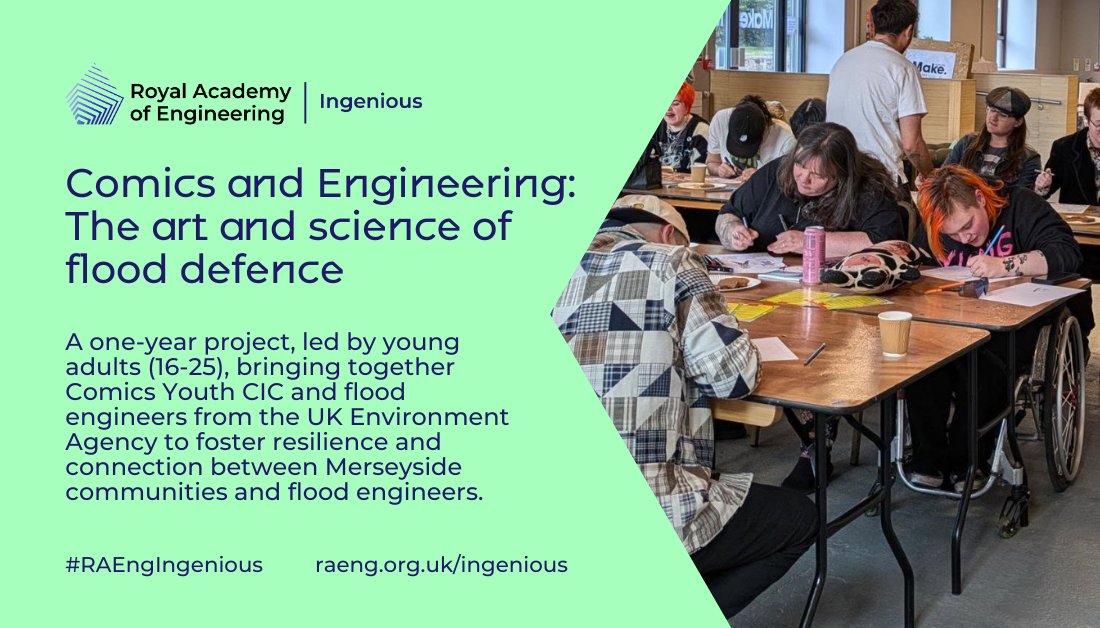 Royal Academy of Engineering (@raengnews) on Twitter photo We're funding Comics and Engineering: a project that brings together <a href="/Comicsyouth/">Comics Youth 🏳️🌈 🏳️⚧️</a> and flood engineers from the <a href="/EnvAgency/">Environment Agency</a> to foster resilience and connection between Merseyside communities and flood engineers. 🌊🦸
Learn more about this year's newly funded #RAEngIngenious We're funding Comics and Engineering: a project that brings together <a href="/Comicsyouth/">Comics Youth 🏳️🌈 🏳️⚧️</a> and flood engineers from the <a href="/EnvAgency/">Environment Agency</a> to foster resilience and connection between Merseyside communities and flood engineers. 🌊🦸
Learn more about this year's newly funded #RAEngIngenious