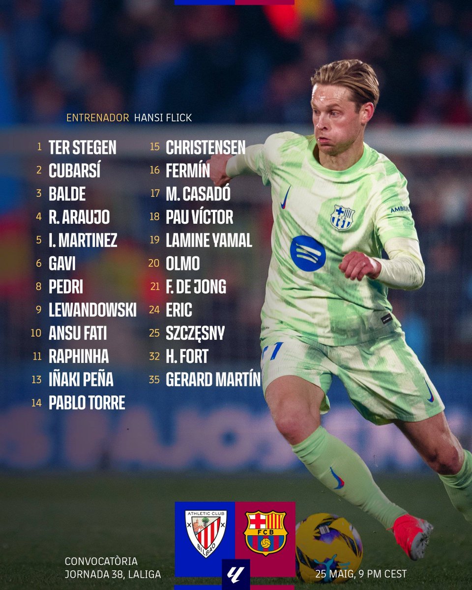 🚨 | 𝐎𝐅𝐅𝐈𝐂𝐈𝐀𝐋: Squad for our final game of the season 🆚 Athletic Bilbao. #fcblive ✅