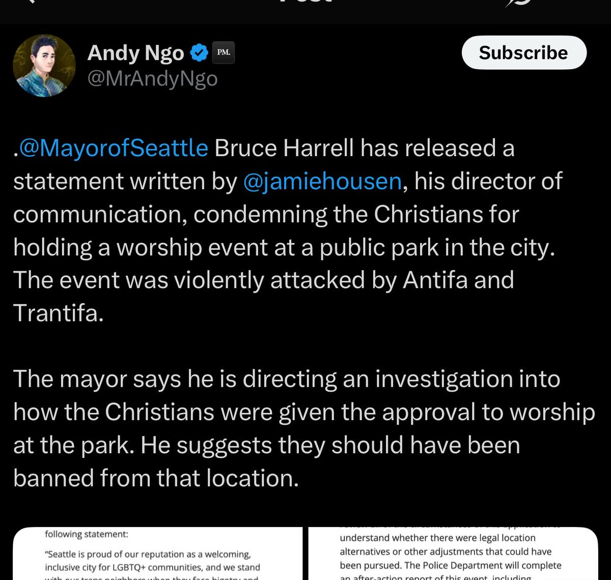 PNW Conservative (@underwashington) on Twitter photo It looks like <a href="/MayorofSeattle/">Mayor Bruce Harrell</a> has come out against Christians who were holding a worship event.
Seattle is becoming openly hostile to people of faith. It looks like <a href="/MayorofSeattle/">Mayor Bruce Harrell</a> has come out against Christians who were holding a worship event.
Seattle is becoming openly hostile to people of faith.