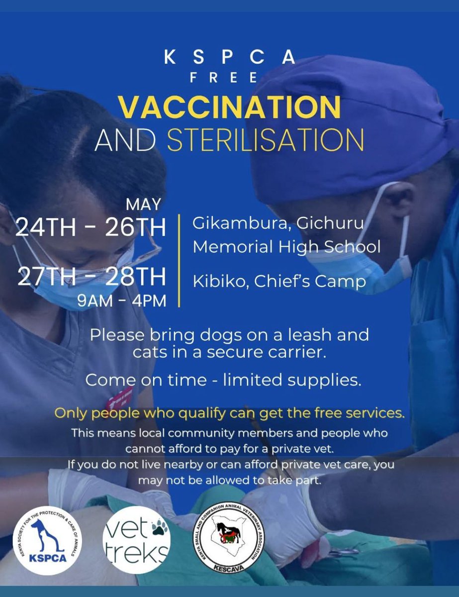 📢 Caling all animal lovers...

Here's another opportunity to get your cat or dog, vaccinated, spayed or neutered, for FREE, courtesy of
Kenya Society for Care &amp; Protection of Animals (KSPCA).
<a href="/KspcaK/">KSPCA KENYA</a>