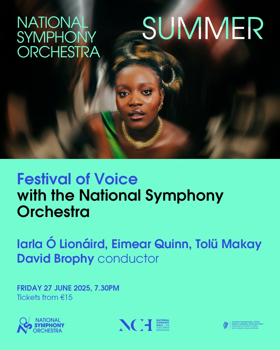 National Symphony Orchestra (@nsorchestrairl) on Twitter photo 🇮🇪 Three voices. One orchestra. Centuries of Irish song.
Iarla Ó Lionáird, Eimear Quinn & Tolü Makay unite with @NSO_Ireland for Festival of Voice!
From sean-nós to Eurovision to chart-toppers.
📅 Fri, June 27, 7:30pm
📍 <a href="/NCH_Music/">National Concert Hall</a>
🎫 bit.ly/NSOFestivalofV… 🇮🇪 Three voices. One orchestra. Centuries of Irish song.
Iarla Ó Lionáird, Eimear Quinn & Tolü Makay unite with @NSO_Ireland for Festival of Voice!
From sean-nós to Eurovision to chart-toppers.
📅 Fri, June 27, 7:30pm
📍 <a href="/NCH_Music/">National Concert Hall</a>
🎫 bit.ly/NSOFestivalofV…