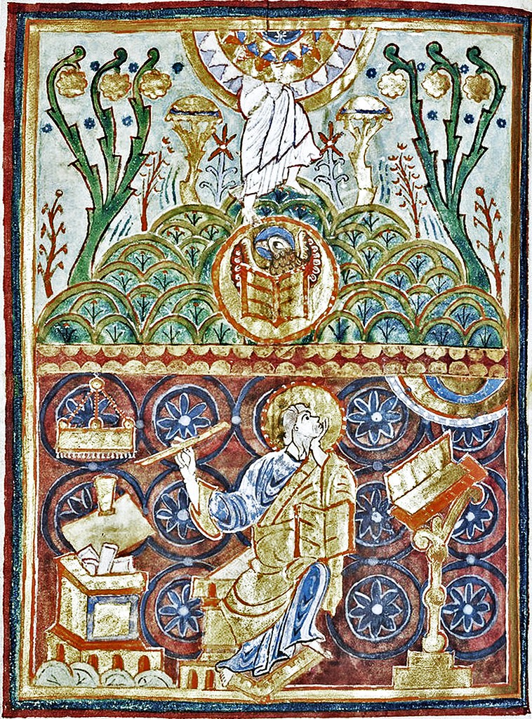 This exquisite illumination presents John the Evangelist in his traditional role as a Gospel author - but with an added layer of theological depth. 
Although John's Gospel does not explicitly recount the Ascension, medieval art and theology frequently paired John’s attribute, the