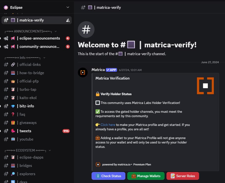 📌 ใครทำ <a href="/EclipseFND/">Eclipse (🐮,🌑)</a> ไปเชื่อมวอลเลทด้วยครับ

ในดิสคอร์ดห้อง matrica-verify เชื่อมทั้ง EVM และ SOL
discord: discord.gg/5SaDmerTDa

สำหรับ Tokenomics จะมาเร็วๆ นี้ 
หลังจากนั้นถึงจะมี checker ตามมา
