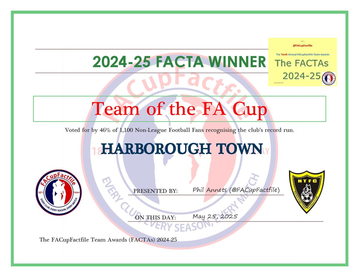 The eighth and final #FACTA is voted for by Non-League Fans on X to determine the Non-League Team of the #FACup

1,100 votes were cast across four separate X polls and the 'Team of the FA Cup' FACTA goes to .... <a href="/HarbTownFC/">Harborough Town FC 🐝</a> 

#FACTAs