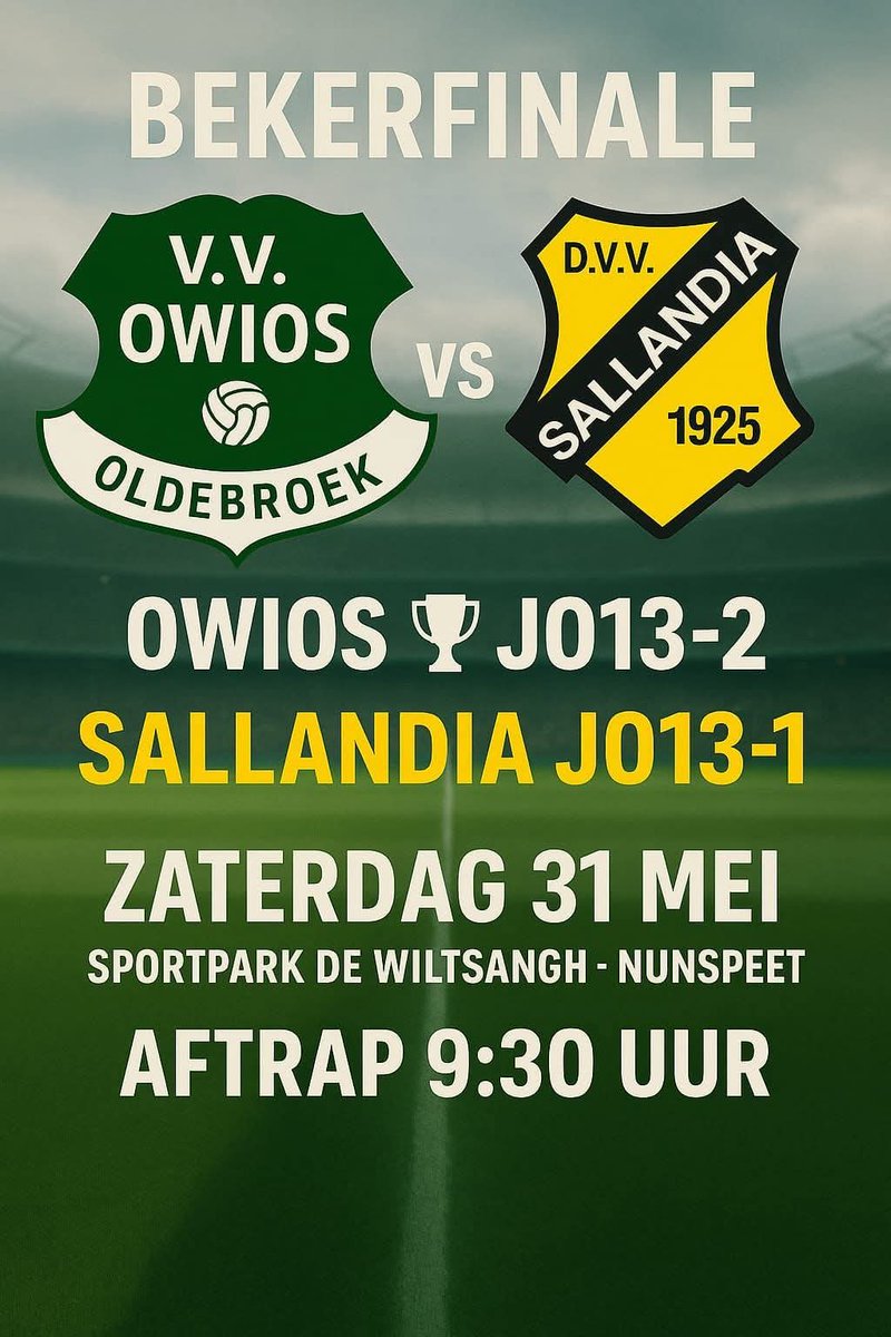 Aanstaande zaterdag de bekerfinale van owios jo13-2 in Nunspeet 
Owios fans allen massaal naar Nunspeet om owios jo13-2 te ondersteunen