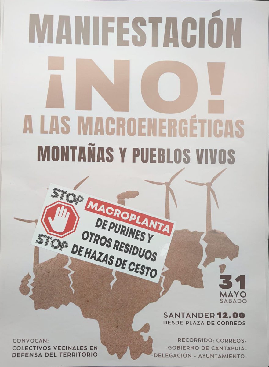 stopmacroplanta's tweet photo. 31 de mayo.!! Todos a la calle ! SANTANDER 12:00 SALIDA PLAZA DE CORREOS #DefendamosLoNuestro #StopMacroplanta
#31Mayo #CantabriaSeDefiende
#NoALasMacroplantas #BiogásNoEsVerde
#SaveLasPilas #SaveTrasmiera #YoRechazo
#5KmsParaVivirEnPaz
#StopMacroplantaHazasDeCesto #StopBiogás https://t.co/GA3uzeEjPk