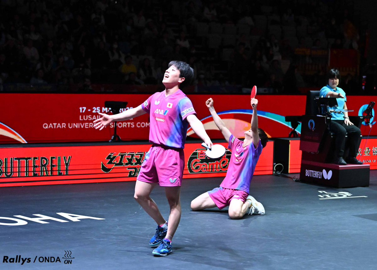 Rallys_pingpong's tweet photo. 2025ITTF世界卓球選手権ドーハ大会
男子ダブルス　決勝

戸上隼輔/篠塚大登（日本）  3-2  林昀儒/高承睿(チャイニーズタイペイ)　

戸上隼輔、篠塚大登ペアが世界を制覇！

#ITTFWorlds2025 #TableTennis #卓球 #Rallys https://t.co/XZgFCw0E0B