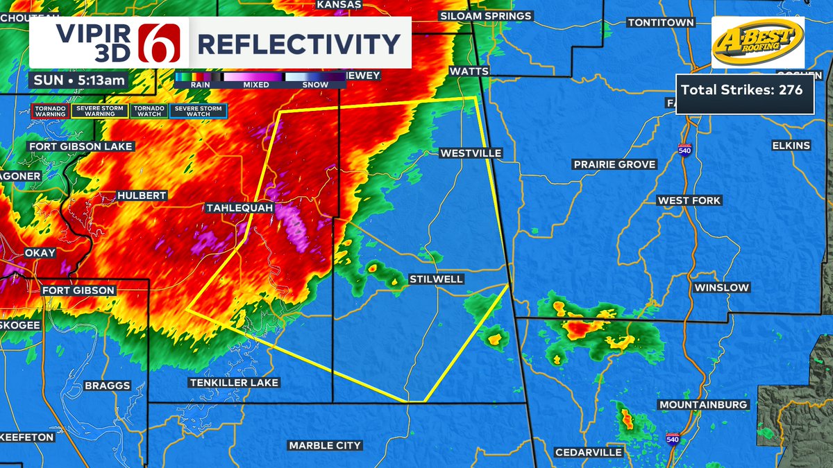 5:13am  Severe Thunderstorm Warning for Adair and Cherokee County in OK until 5:45am.  Severe storms 5 miles north of Proctor to 6 miles south of Eldon  to 3 miles west of Cookson, moving east at 40 mph.  Nickel hail and 60 mph wind possible.