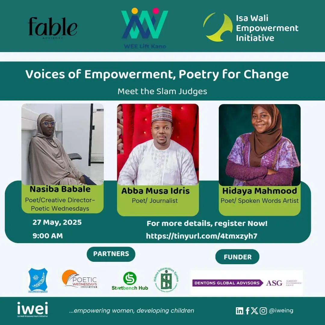 Poetic Wednesdays Initiative (@poeticwednexday) on Twitter photo We are pleased to be collaborating with Weelift Kano, Fable Adbisory & <a href="/IWEIng/">Isa Wali Empowerment Initiative (IWEI)</a> to push for the domestication of the Women Economic Empowerment Policy in Kano through poetry.
We will be judging the slam competition between secondary school students who have been tasked to produce We are pleased to be collaborating with Weelift Kano, Fable Adbisory & <a href="/IWEIng/">Isa Wali Empowerment Initiative (IWEI)</a> to push for the domestication of the Women Economic Empowerment Policy in Kano through poetry.
We will be judging the slam competition between secondary school students who have been tasked to produce
