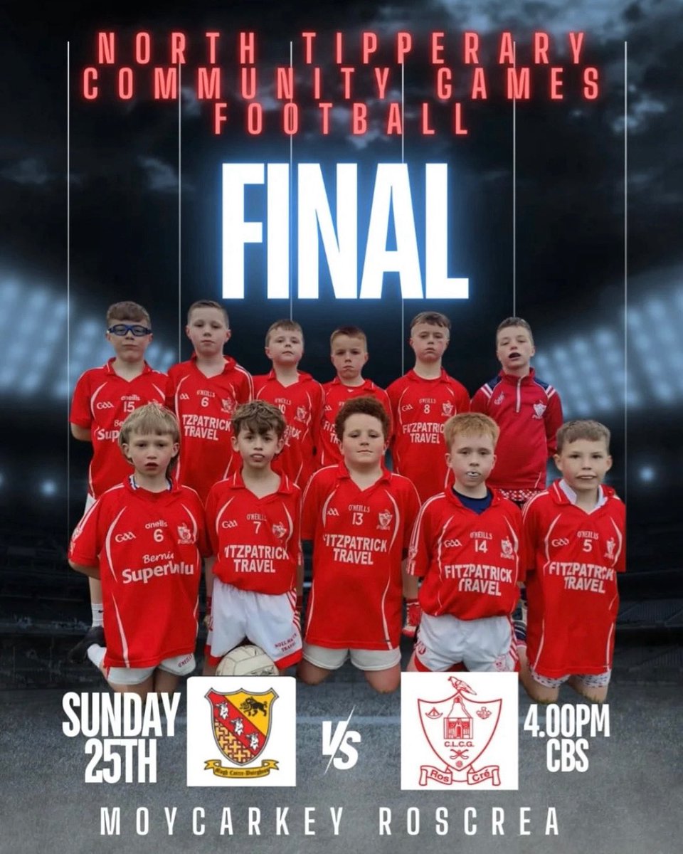 RoscreaHurling's tweet photo. Best of luck to our u10 Community Games football team who take on Moycarkey this evening at 4pm in the North Tipperary Final 👏🏻🇲🇨 https://t.co/d5AJoDmK0E